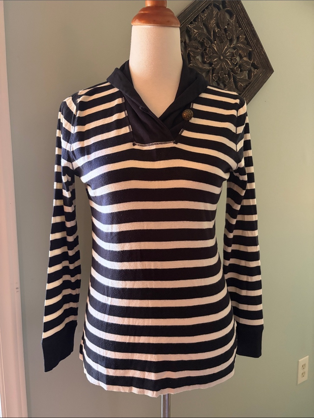 Ralph Lauren Black and White Striped Hooded Turtleneck Sweater